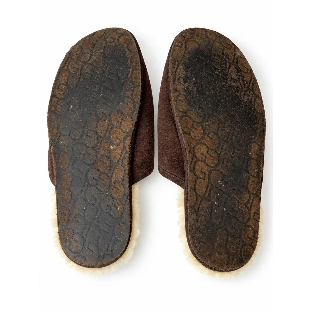 UGG Men's Size 14 Brown Suede Scuff Slippers Shearling Lined Slip On